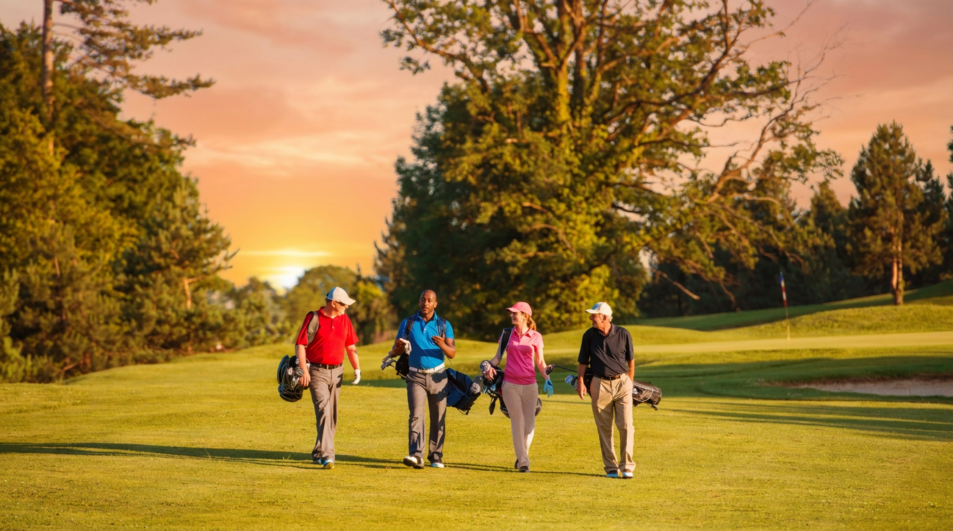 Vrienden lopen samen over de fairway bij zonsondergang